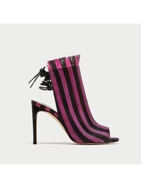 NWOT Zara black & purple pink textured striped open toe & back heeled booties
